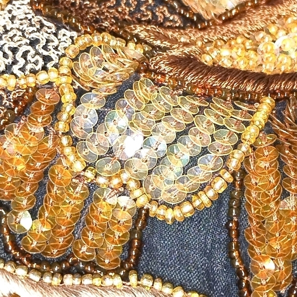 Vintage Black Chiffon Dress with Gold Sequin & Beaded Bodice – Holiday Glam Cock - Picture 4 of 9